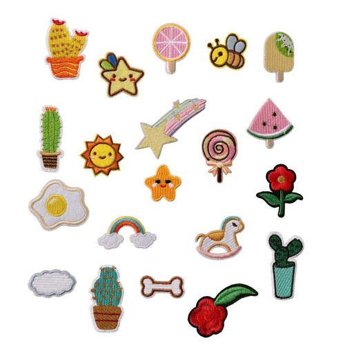 Embroidered patch with cartoon-style fruits, flowers, and rainbows for clothing decoration