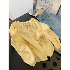 黄色のシャツ女性の重工業立体花気質 2025 夏の新しい多用途トレンディな薄いファッショナブルなトップ