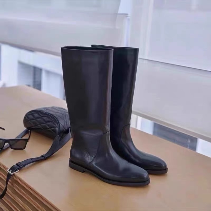 Cowhide Version ~ Normcore Style Black Sleeve Over-The-Knee Boots Retro Pointed Toe Versatile Flat Heel Mid-Calf Knight Boots for Women