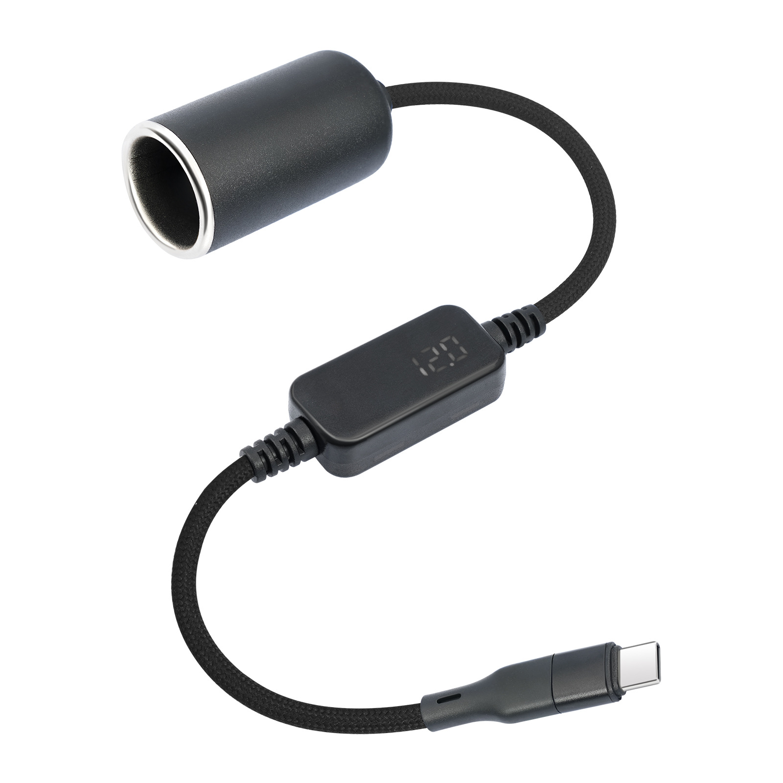 新品带电压显示TYPE-C 5V转12V点烟器升压线18W 行车记录仪供电线