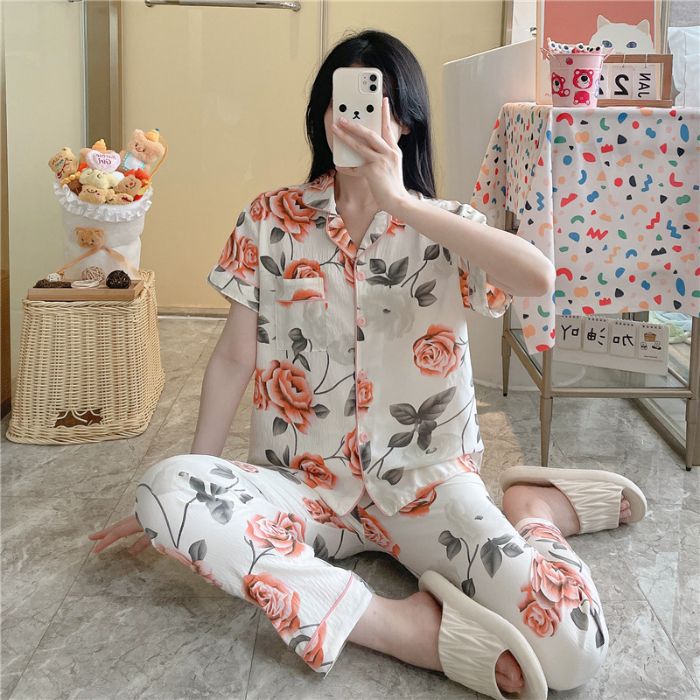 Pijamas transfronterizos al por mayor para mujer nube algodón otoño verano rebeca solapa pantalones de manga corta traje de servicio a domicilio simple y cómodo