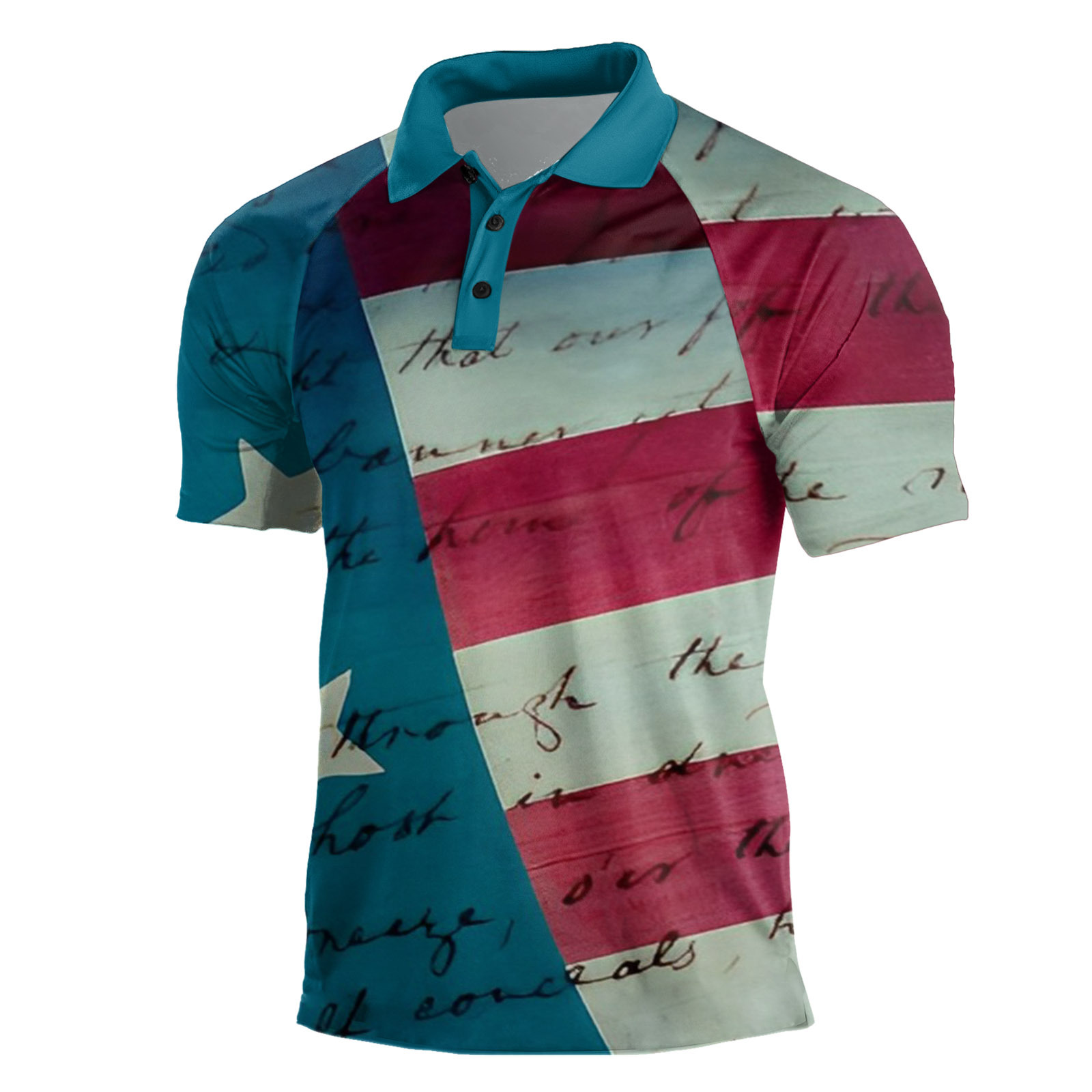 Cross-border Europa y América 2023 nuevos hombres casuales de manga corta Henry Independence Day Elements Camisa POLO raglán de tres botones para hombres