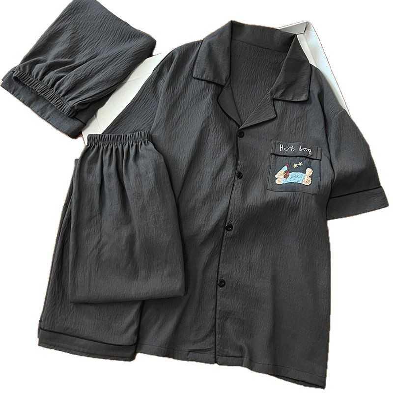 Verano nubes de algodón pijama de hombre dibujos animados té de leche perros bordados color sólido simple ropa casera de tres piezas set