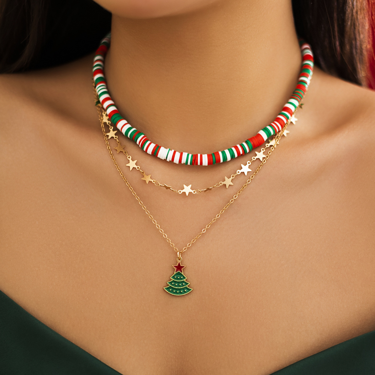 Christmas Beaded Choker Necklace With Crystal Snowman Charms_voghion.com