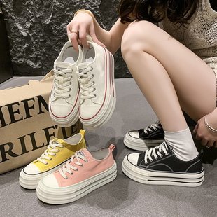 Summer Dopamine Simple Canvas Shoes Women's 2025 New Thick-soled Running White Shoes College Style Lace-up Casual Shoes