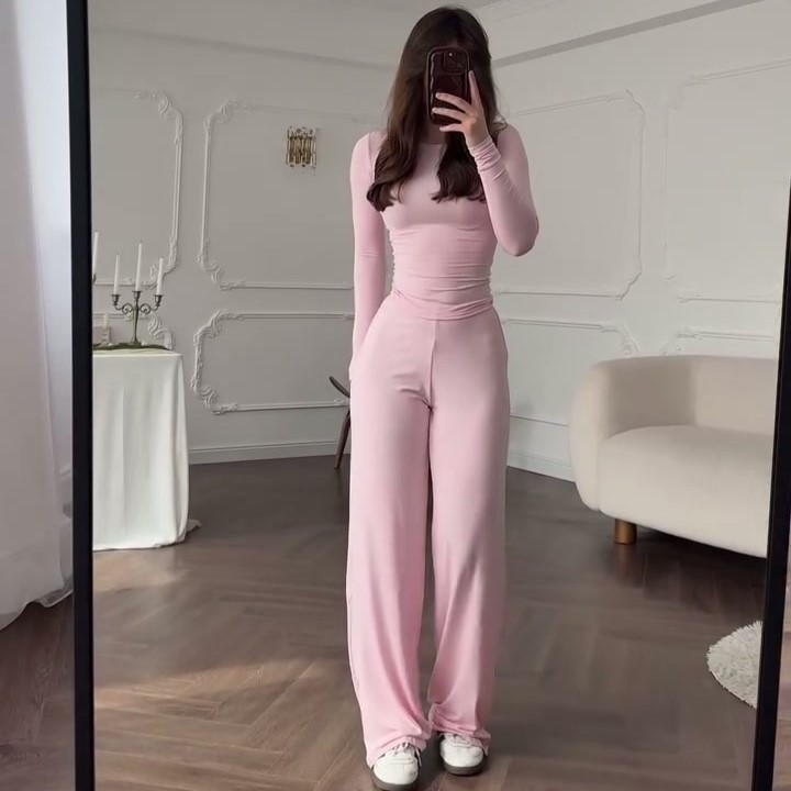 2025夏季欧美女装新款时尚圆领修身休闲百搭宽松弹力阔腿裤套装女|undefined