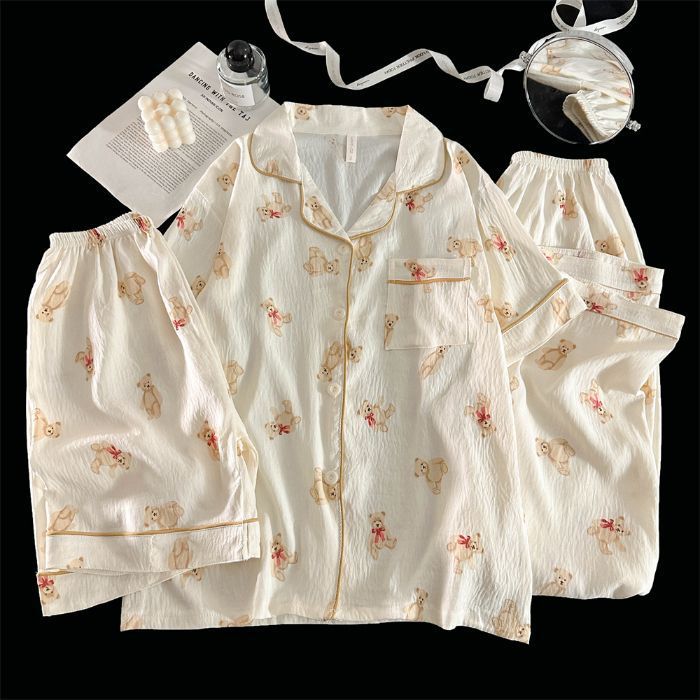 Verano transfronterizo nuevo estilo cómodo nube de algodón de tres piezas solapa pantalones cortos de manga corta pantalones ropa a domicilio traje de pijama de mujer