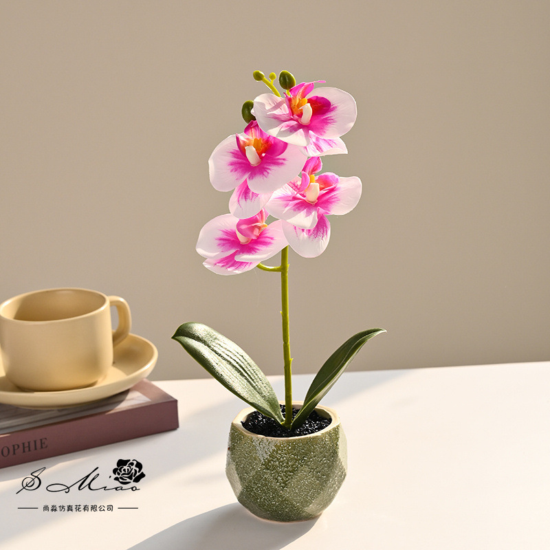 Flor artificial de Phalaenopsis de 4 flores, pequeño bonsái, decoración floral creativa y moderna, adorno, planta verde artificial, planta artificial en maceta image 8