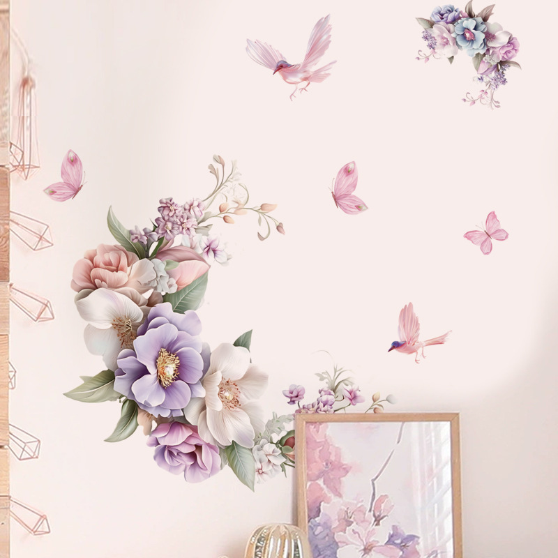 Cross-Border Pink Flower Decoration Toilet Bathtub Living Room Bedroom Study Kitchen Entrance Self-Adhesive Removable Wall Sticker