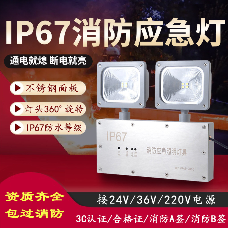 IP67消防应急灯24V36V220V壁挂式防水停电自动亮双头应急照明灯