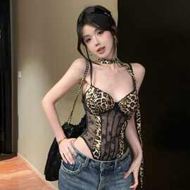 网纱连体豹纹吊带背心女夏美式热辣妹性感鱼骨抹胸小上衣独特绝美