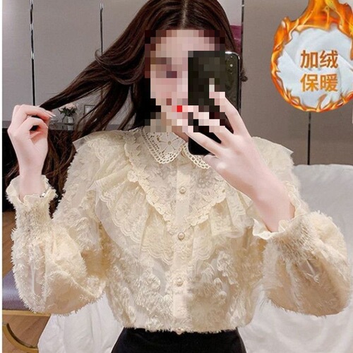 Women's Autumn/Winter New Fashion Court Style Collared Shirt, Uncommon Long-Sleeve Padded Lace Top