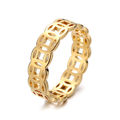 Vintage Vietnamese Shajin Money Charm Turnover Copper Ring for Women, Simple and Fashionable Five Emperors Coin Engraved Ring for Women, Index Finger