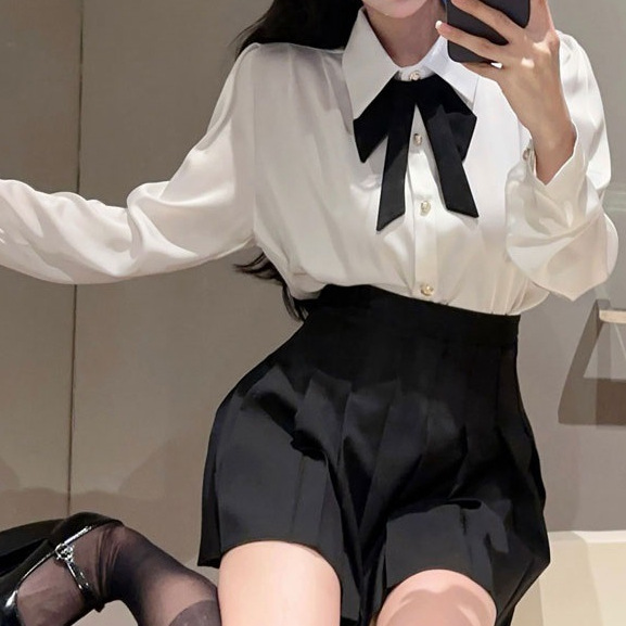 작은 유니폼 전문 대학 스타일 활 화이트 셔츠 탑 높은 허리 주름 치마 투피스 세트