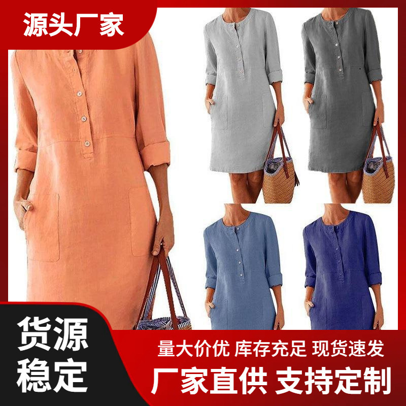 2026 New Large Size Cotton and Linen Round Neck Long-Sleeved Dress with New Chinese Style and National Style Inner Wear
