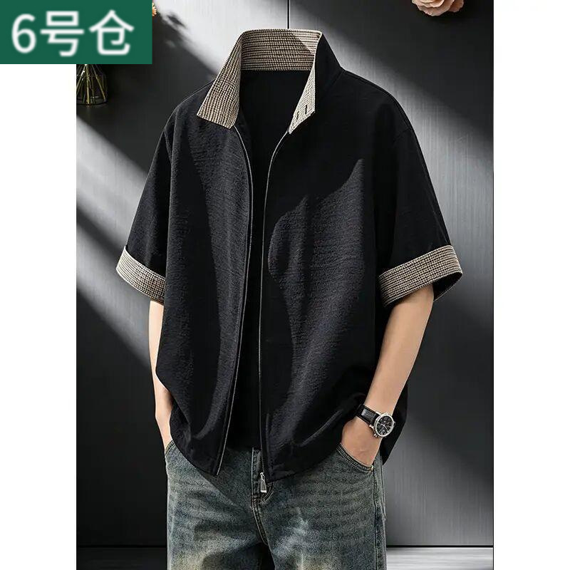 Old Money Style Stand-Up Collar Short-Sleeved Shirt for Men, Summer American-Style Zip-Up Shirt with Houndstooth Pattern Old Money Style Stand-Up Collar Short-Sleeved Shirt for Men, Summer American-Style Zip-Up Shirt with Houndstooth Pattern