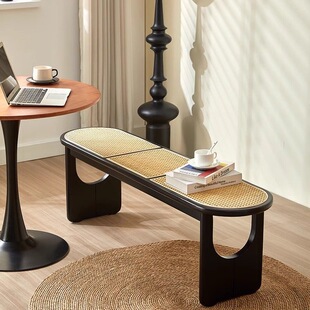 Nordic Solid Wood Rattan Shoe-Changing Bench, Long Bench, Japanese-Style Log-Style Dining Table and Chairs, Home Entrance Retro Bedside Stool