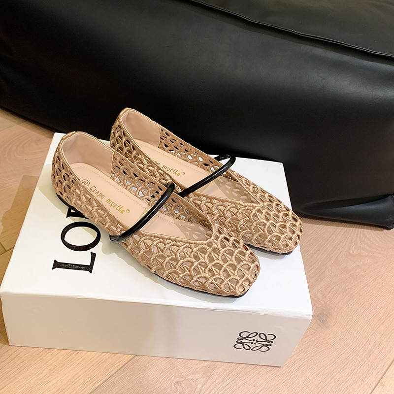 Nuevo estilo para vacaciones en París~ Zapatos de mujer con punta cuadrada, estilo francés, con tiras tejidas, versátiles, de suela suave y boca poco profunda.