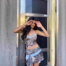 iamgia欧美辣妹性感美修身型露背吊带背心印花千禧微透内搭上衣