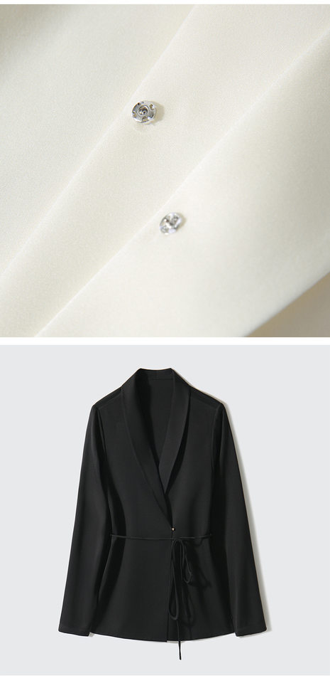 Áo blazer nữ satin thắt eo dáng ôm kiểu Pháp thanh lịch — Trắng ngọc trai, Xám nhạt, Đen đá chi tiết 21