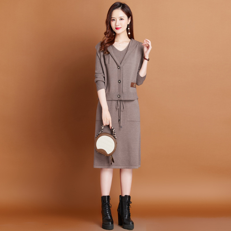 Two-Piece Dress Women's Autumn and Winter 2025 New Casual Hooded Knitted Sweater Skirt Autum Slim Suit Skirt