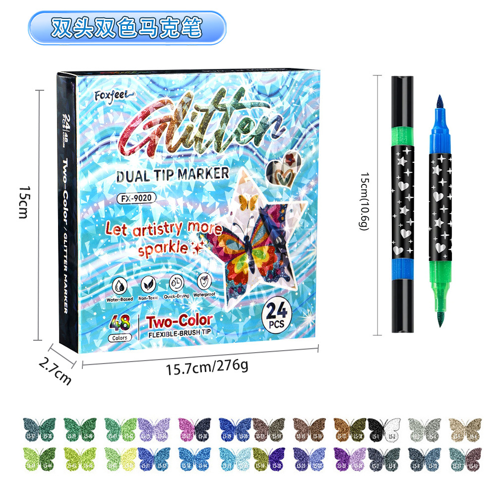 Ventas transfronterizas calientes de doble cabeza de doble color flash marcador de bolígrafo de bolígrafo blando para estudiantes de pintura graffiti bolígrafo DIY