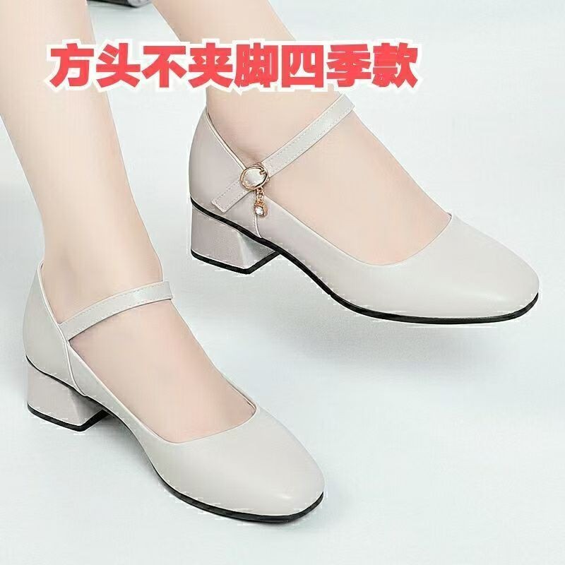 2026 nuevos zapatos de baile de talón medio zapatos de diamante cuatro estaciones cuadrados un cierre temperamento de zapatos de trabajo de talón alto