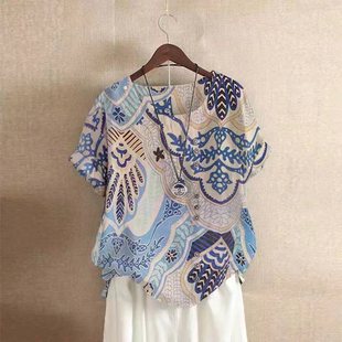 Women's Plus Size National Style Vintage Loose Printed Cotton and Linen Short-sleeved T-shirt Women's 2024 Summer New Linen Top