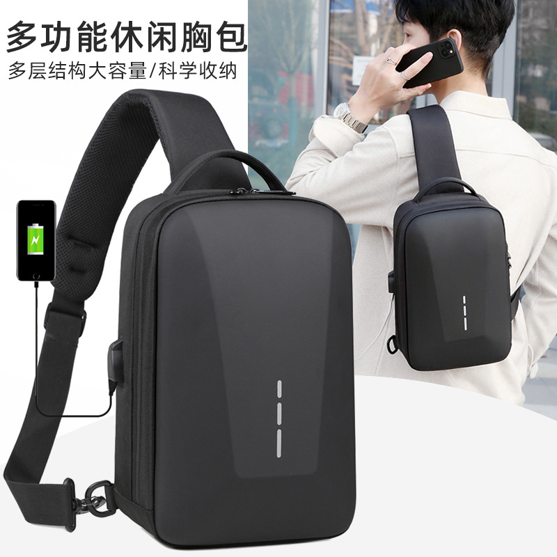 Cross-border waterproof crossbody bag with a high-end feel, USB charging cycling bag, EVA material, large capacity casual chest bag, customizable