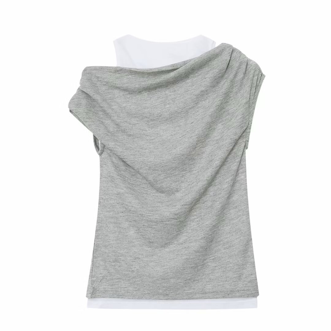 Women's Clothing Women's Casual Double Layer Asymmetrical Round Neck Sleeveless T-Shirt Summer For Formal & Casual For Women_ecoleips.com