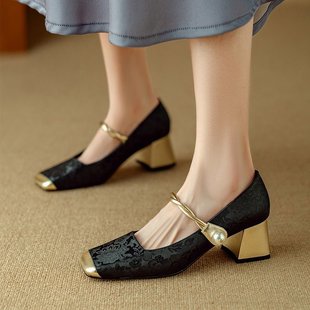 Spring New Chinese Style French Style Light Luxury Embossed Silk Mid-heel Shoes Women's Color Matching Square Toe Single-layer Shoes with Thick Heel