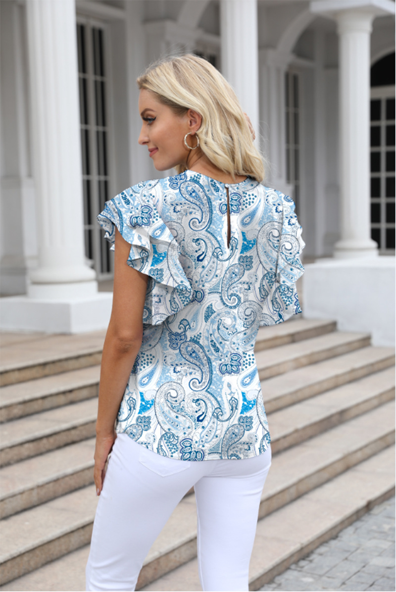Women's Clothing Round Neck Printed Ruffled Short Sleeve Chiffon Shirt Fragmented Pullover T-shirt_voghion.com