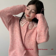钱多多品牌女童甜美风娃娃领拼接蕾丝边针织衫开衫毛衣2025秋季新