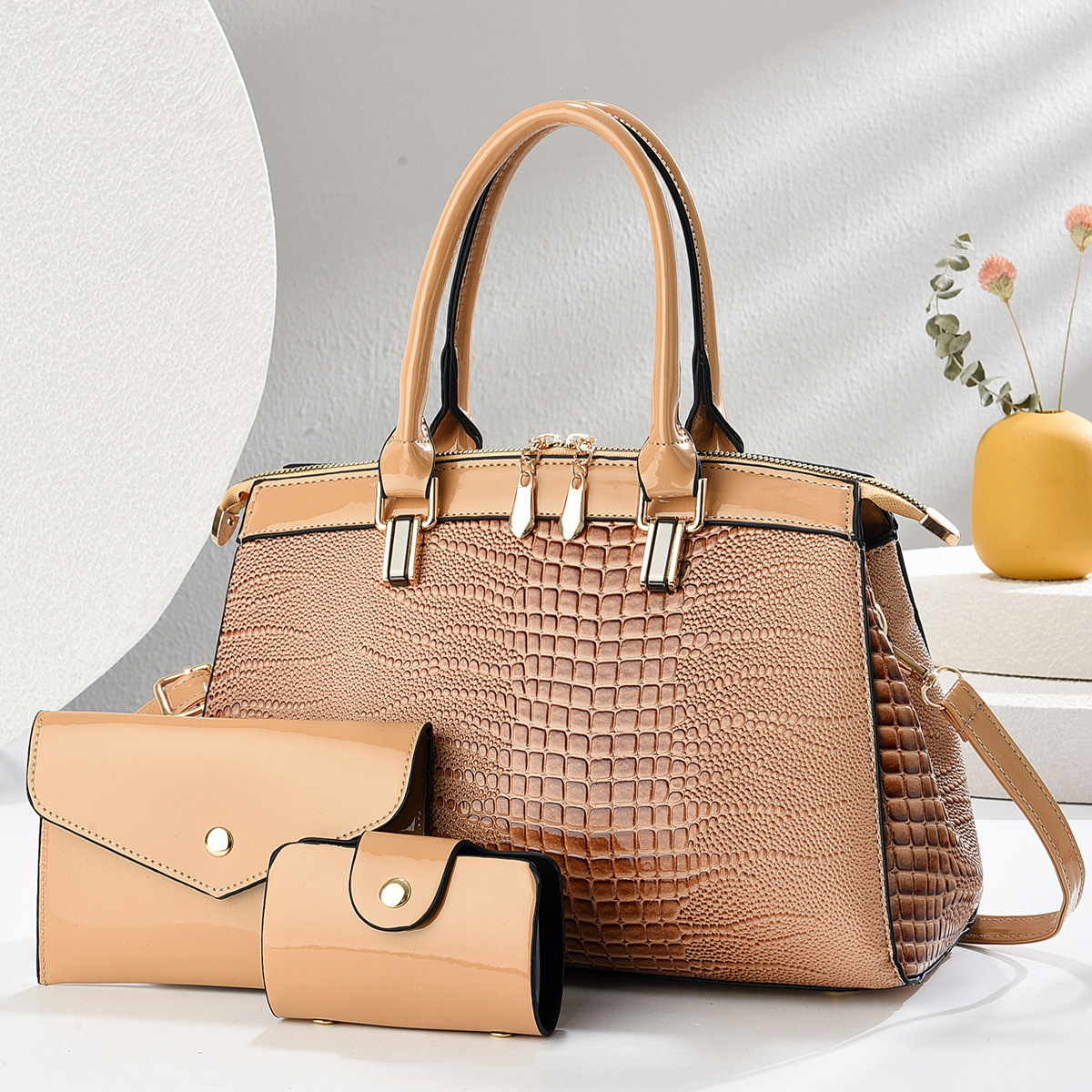 Women's Large Pu Leather Solid Color Crocodile Streetwear Sewing Thread Square Zipper Bag Sets display picture 3