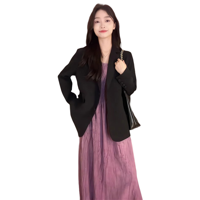 压褶扎染紫色吊带连衣裙女2025早秋新款西装外套休闲两件套A5783|undefined