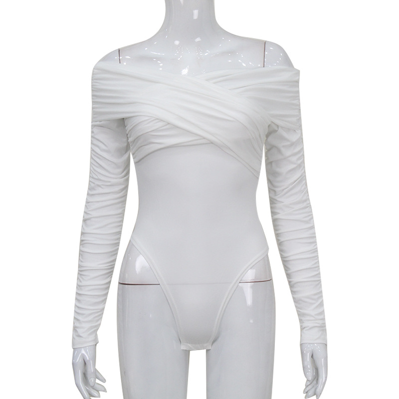 Ropa transfronteriza europea y americana, gran oferta, mono plisado de manga larga con cuello en V y un hombro, mono ajustado de cintura alta para mujer