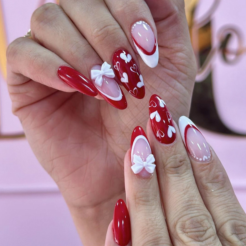 Cross-border Valentine's Day Wear Armor Almond Red and White French Side Love Bow Decoration Nail Art Removable Fake Nail Cross-border Valentine's Day Wear Armor Almond Red and White French Side Love Bow Decoration Nail Art Removable Fake Nail