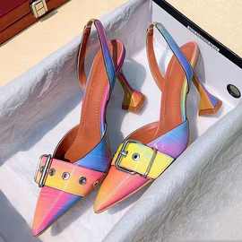 跨境性感拼接色凉鞋女2025春季新款尖头女鞋细跟高跟鞋女