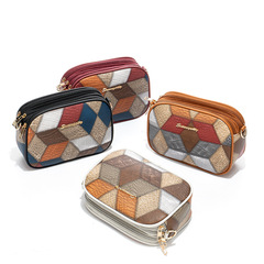 三層拉鏈大容量時尚休閒斜挎包2024新款多功能彩色菱形單肩相機包