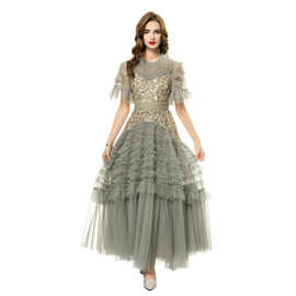 重工亮片钉珠绣花收腰蓬蓬网纱大摆礼服裙长款连衣裙2025春季新款