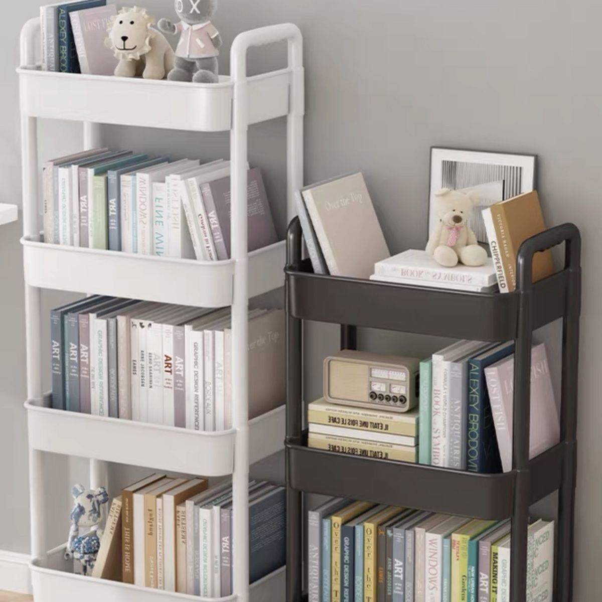 Estante de libros móvil estante de almacenamiento de juguetes para niños estante de almacenamiento de lectura pequeño carro doméstico con rueda de piso librería simple