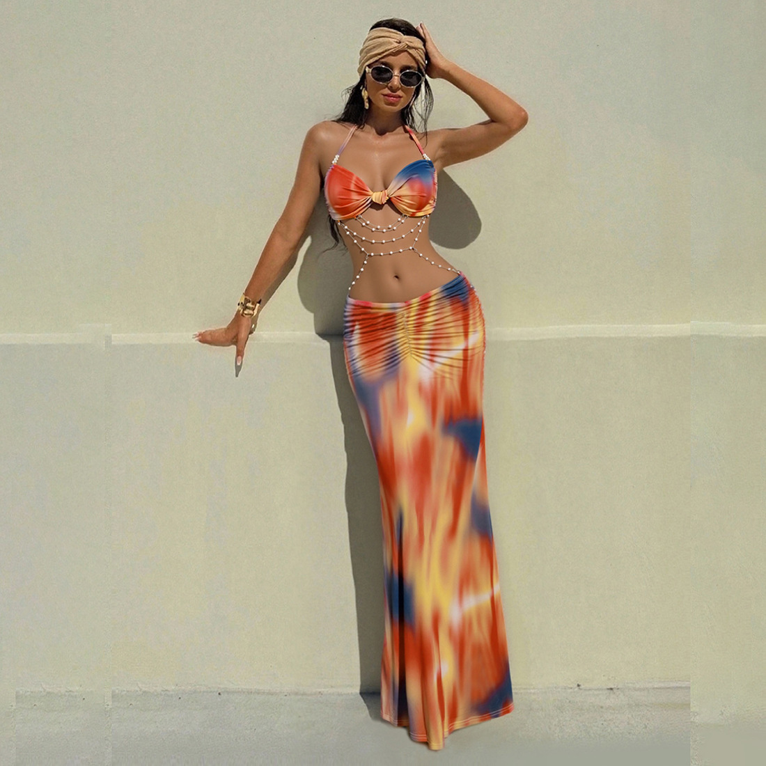 Women's Sexy Halter Tie Beaded Chain Backless Bodycon Maxi Dress – Spring Party Gown_ecoleips.com