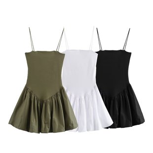 AliExpress wholesale spring new women's solid color pullover knitted stitching canopy stitching strap short dress