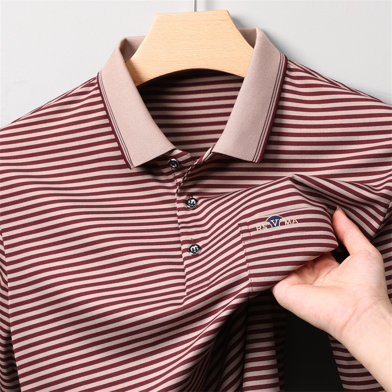 2024 Autumn and Winter New Men's Long Sleeve Lapel Cotton T-shirt Retro Striped Real Pocket Middle-aged Breathable Casual Loose