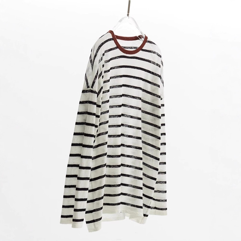 クラシックなストライプは時代を超越しています！リネン混紡プルオーバー長袖Tシャツレディースコントラストカラーカジュアルトップス春夏新作コットンとリネン|undefined