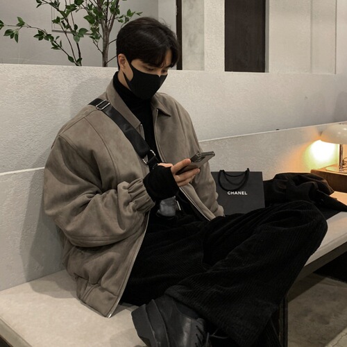 Leather-look faux fur Korean-style autumn/winter men's cool handsome streetwear jacket, winter high-end style fashion clothing