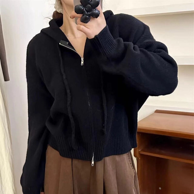 ニットフード付きダブルファスナー付きショートカーディガン|undefined