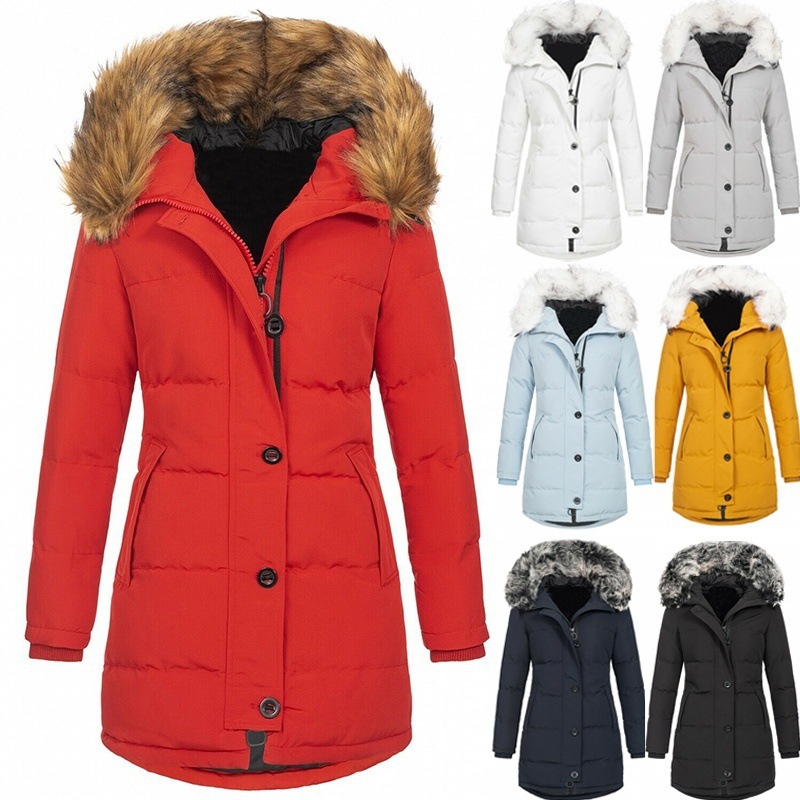 AliExpress Amazon de mujer con capucha de manga larga con cremallera cálida chaqueta de algodón acolchado invierno cremallera de longitud media abrigo de color sólido image 3