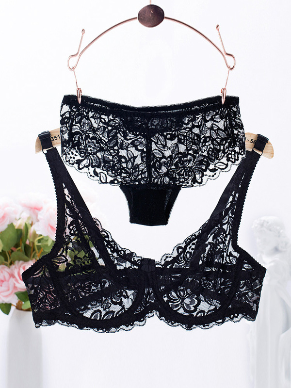 Bra Set Women's Sexy Full Lace Transparent Bra Push Up Girls Ultra-thin Breathable Comfortable Soft Underwear