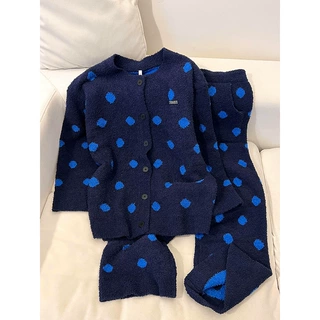 韩系克莱因蓝圆点半边绒睡衣冬季保暖加厚针织可外穿家居服套装
